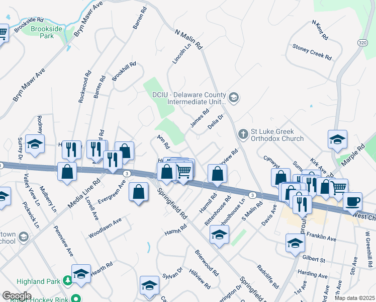 map of restaurants, bars, coffee shops, grocery stores, and more near 63 Ann Road in Broomall