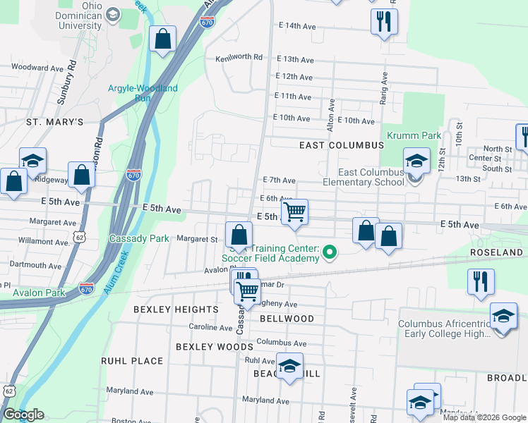 map of restaurants, bars, coffee shops, grocery stores, and more near 2747 East 6th Avenue in Columbus