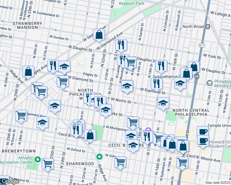 map of restaurants, bars, coffee shops, grocery stores, and more near 2025 North Lambert Street in Philadelphia