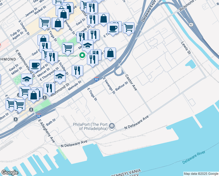 map of restaurants, bars, coffee shops, grocery stores, and more near 2942 East Venango Street in Philadelphia