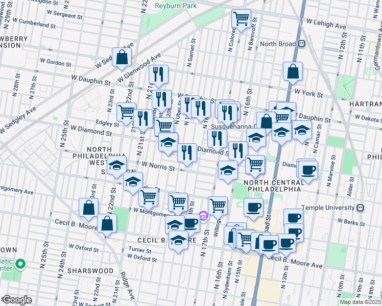 map of restaurants, bars, coffee shops, grocery stores, and more near 2046 North Gratz Street in Philadelphia