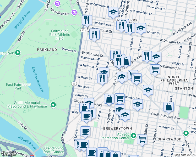 map of restaurants, bars, coffee shops, grocery stores, and more near 3033 West Berks Street in Philadelphia