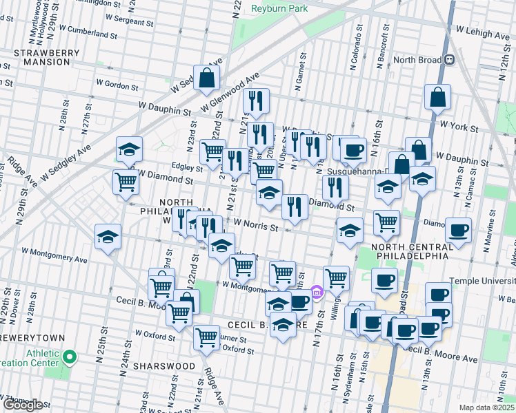 map of restaurants, bars, coffee shops, grocery stores, and more near 2034 North 20th Street in Philadelphia