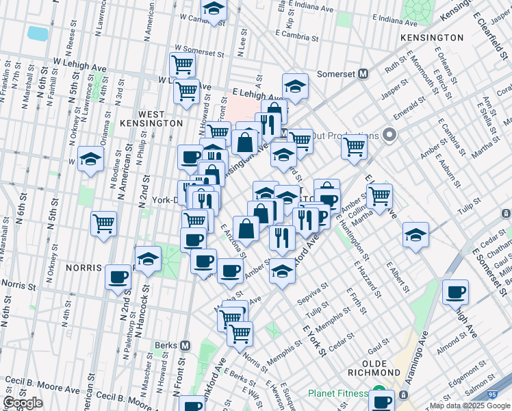 map of restaurants, bars, coffee shops, grocery stores, and more near 2444 Emerald Street in Philadelphia