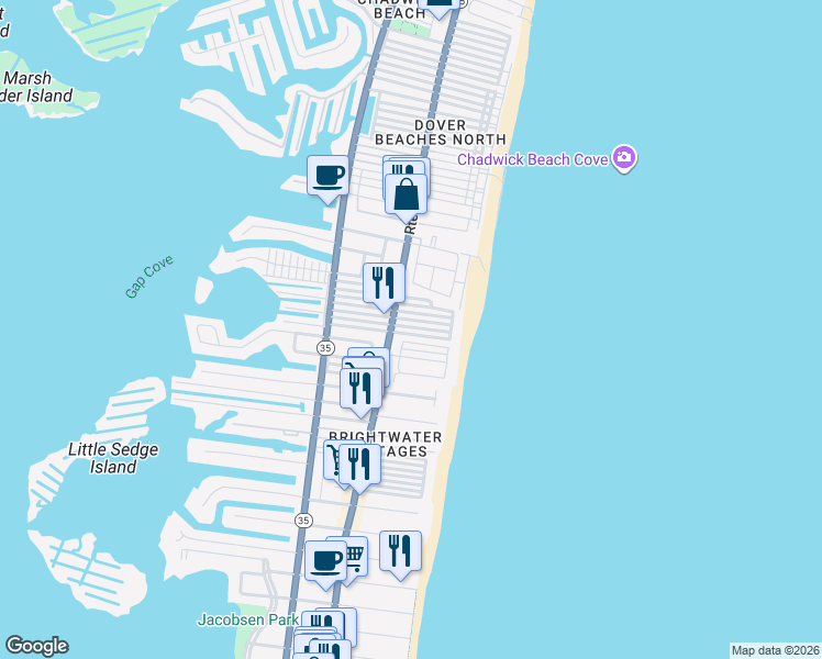 map of restaurants, bars, coffee shops, grocery stores, and more near 3170 New Jersey 35 in Lavallette