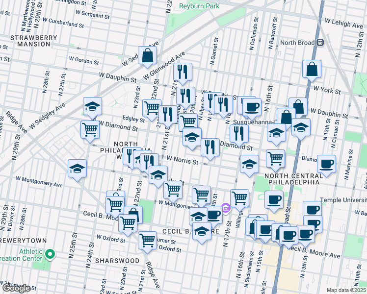 map of restaurants, bars, coffee shops, grocery stores, and more near 2034 North 20th Street in Philadelphia