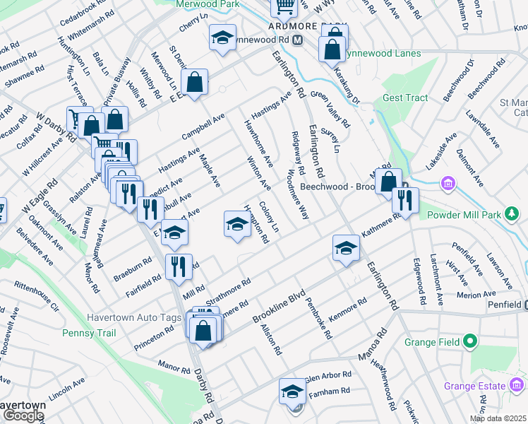map of restaurants, bars, coffee shops, grocery stores, and more near 1618 Colony Lane in Havertown