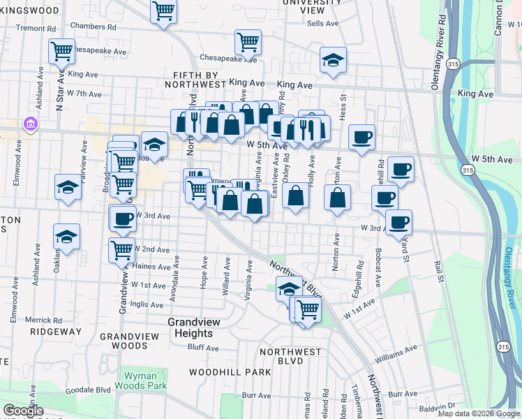 map of restaurants, bars, coffee shops, grocery stores, and more near 1200 West 3rd Avenue in Columbus