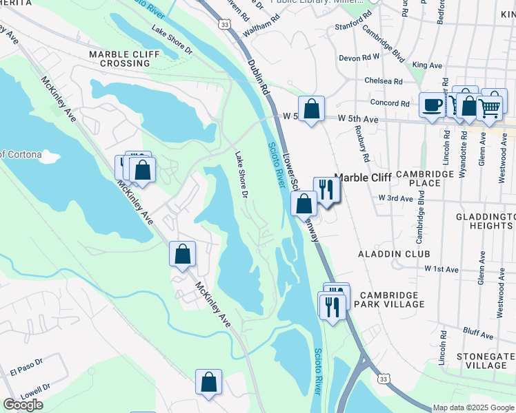 map of restaurants, bars, coffee shops, grocery stores, and more near 1481 Cliff Court in Columbus