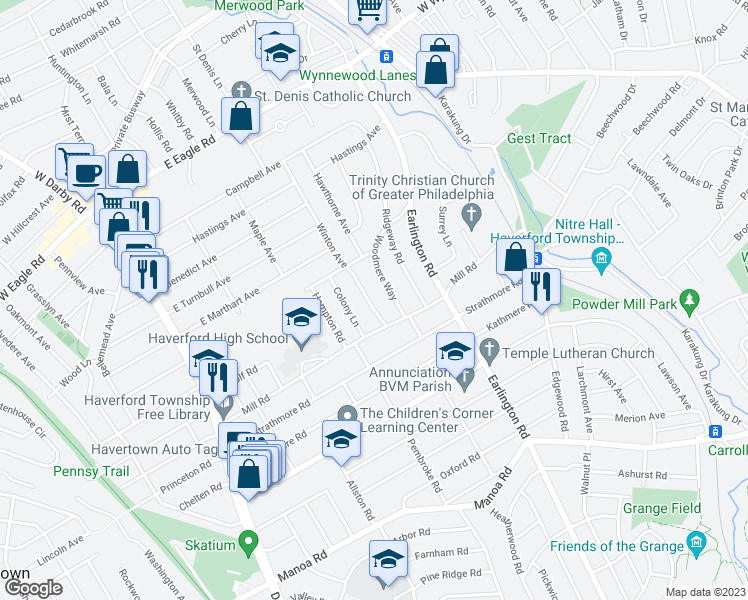 map of restaurants, bars, coffee shops, grocery stores, and more near 1611 Winton Avenue in Havertown