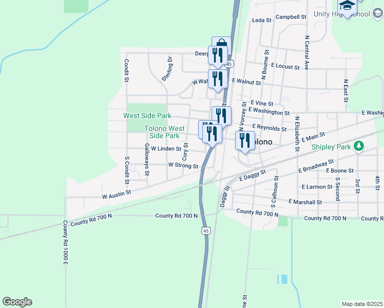 map of restaurants, bars, coffee shops, grocery stores, and more near 211 West Linden Street in Tolono