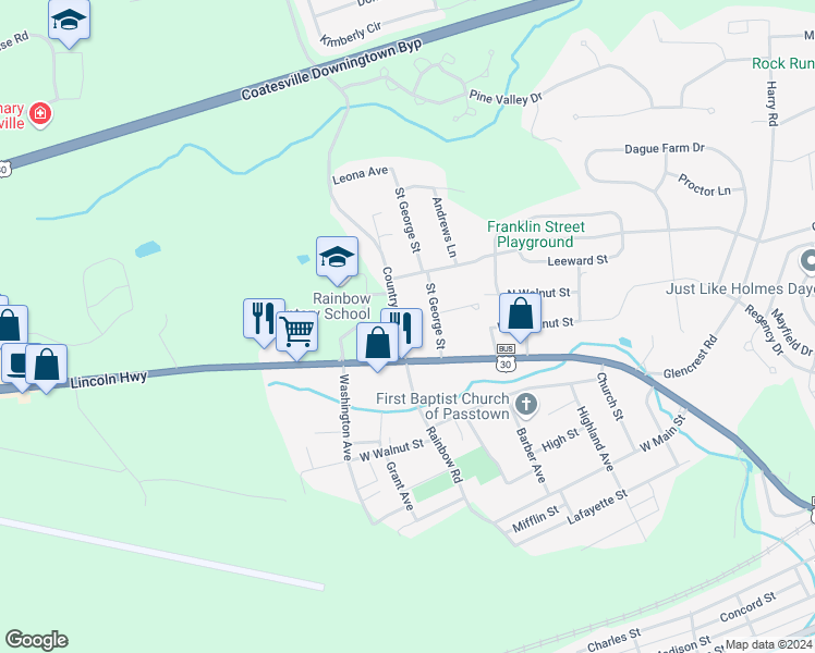 map of restaurants, bars, coffee shops, grocery stores, and more near 15 Country Club Road in Coatesville
