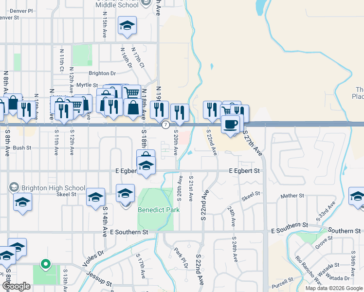 map of restaurants, bars, coffee shops, grocery stores, and more near 100 South 20th Avenue in Brighton