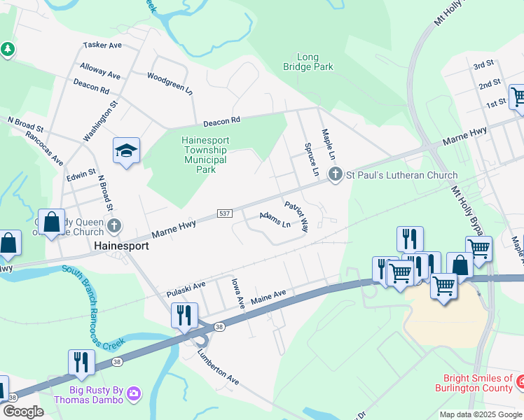 map of restaurants, bars, coffee shops, grocery stores, and more near 18 Adams Ln in Hainesport