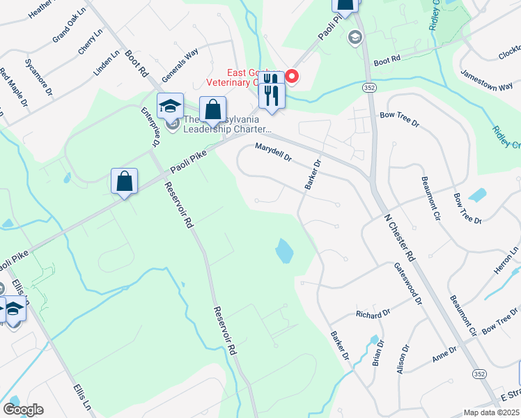 map of restaurants, bars, coffee shops, grocery stores, and more near 1500 Wilson Lane in West Chester