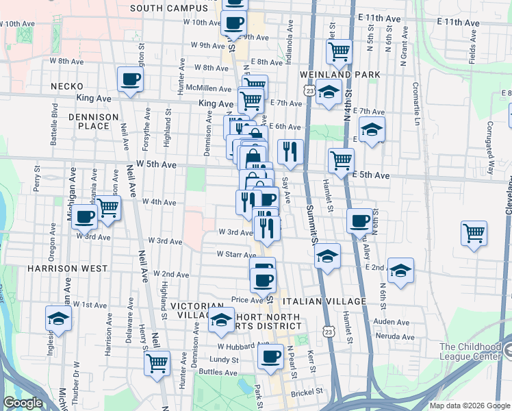 map of restaurants, bars, coffee shops, grocery stores, and more near 1126 High St in Columbus