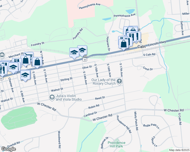 map of restaurants, bars, coffee shops, grocery stores, and more near 1418 Stirling Street in Coatesville