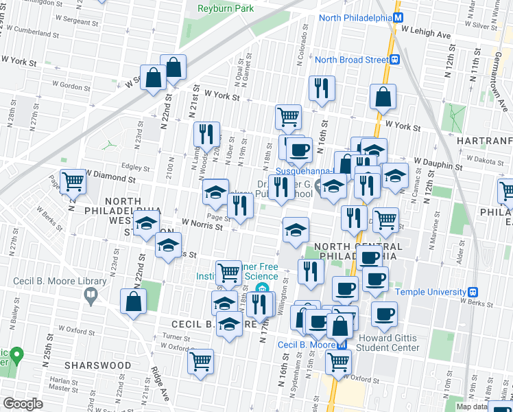 map of restaurants, bars, coffee shops, grocery stores, and more near 1802 West Diamond street in Philadelphia