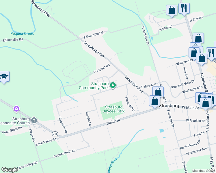 map of restaurants, bars, coffee shops, grocery stores, and more near 210 Cross Keys Drive in Strasburg