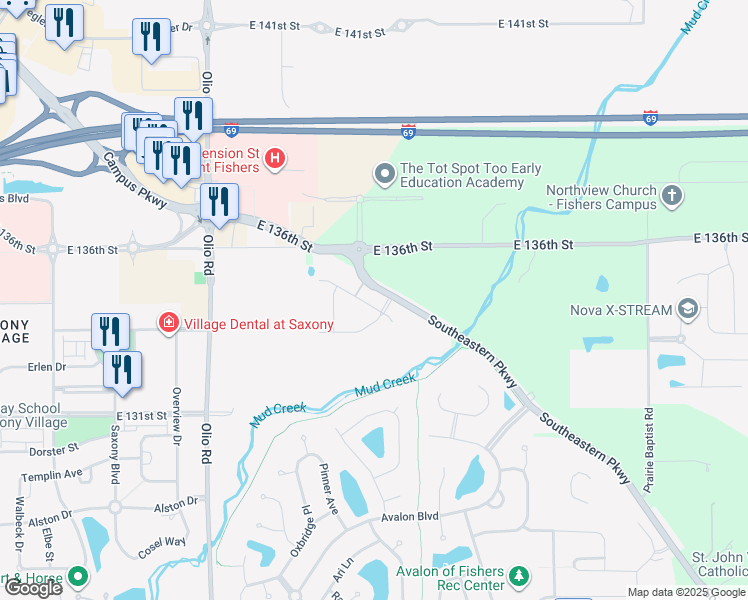 map of restaurants, bars, coffee shops, grocery stores, and more near 14270 Bay Willow Drive in Fishers
