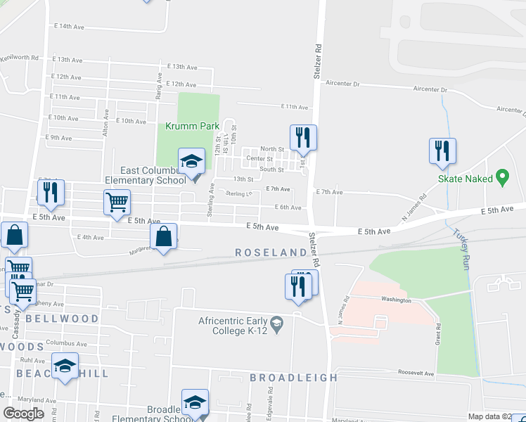map of restaurants, bars, coffee shops, grocery stores, and more near 660 Krumm Avenue in Columbus