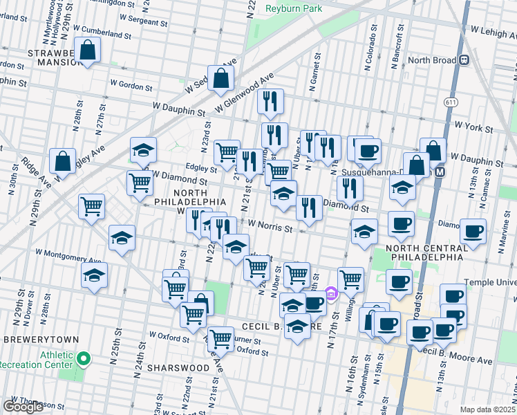 map of restaurants, bars, coffee shops, grocery stores, and more near 2025 North Lambert Street in Philadelphia
