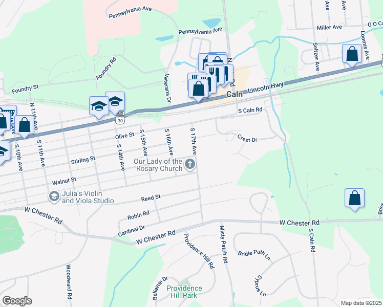 map of restaurants, bars, coffee shops, grocery stores, and more near 48 South 17th Avenue in Coatesville
