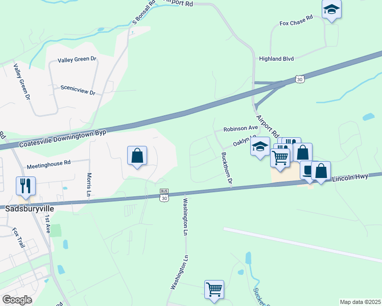 map of restaurants, bars, coffee shops, grocery stores, and more near 350 Larose Drive in Coatesville