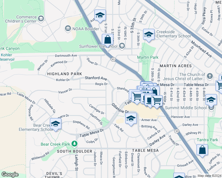 map of restaurants, bars, coffee shops, grocery stores, and more near 535 Gillaspie Drive in Boulder