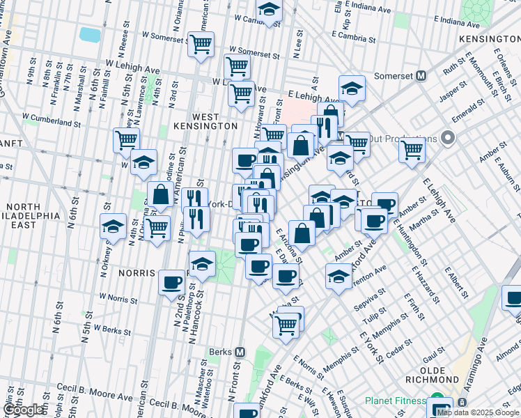 map of restaurants, bars, coffee shops, grocery stores, and more near 2336 North Front Street in Philadelphia