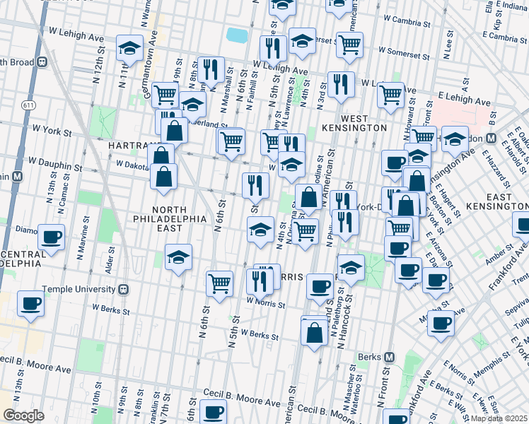 map of restaurants, bars, coffee shops, grocery stores, and more near 2245 North Orkney Street in Philadelphia
