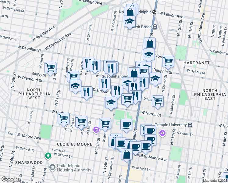 map of restaurants, bars, coffee shops, grocery stores, and more near 1613 West Diamond street in Philadelphia