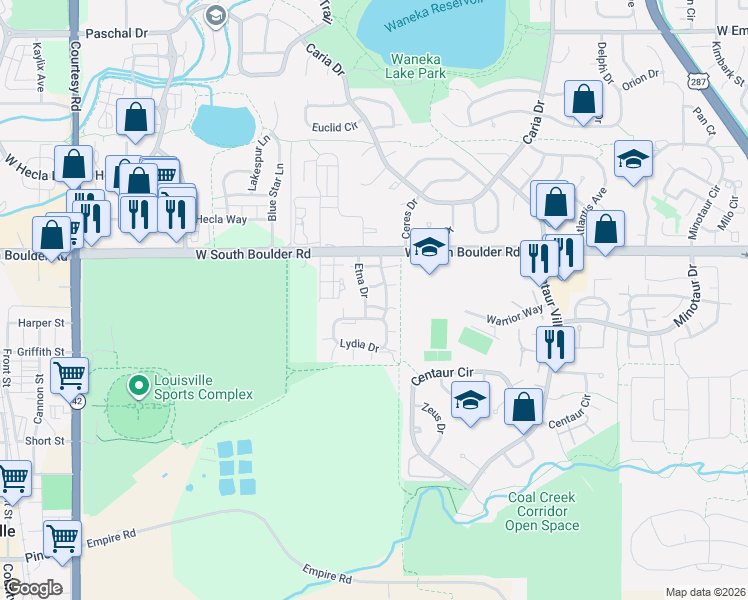 map of restaurants, bars, coffee shops, grocery stores, and more near 1402 Etna Drive in Lafayette