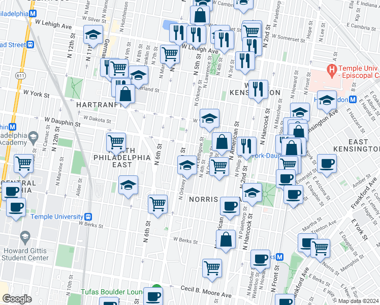 map of restaurants, bars, coffee shops, grocery stores, and more near 2245 North Orkney Street in Philadelphia