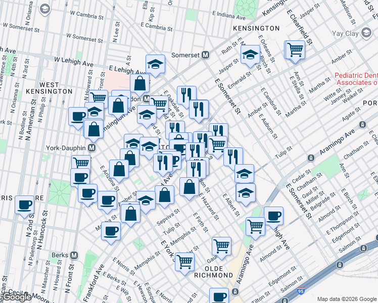 map of restaurants, bars, coffee shops, grocery stores, and more near 2639 Amber Street in Philadelphia