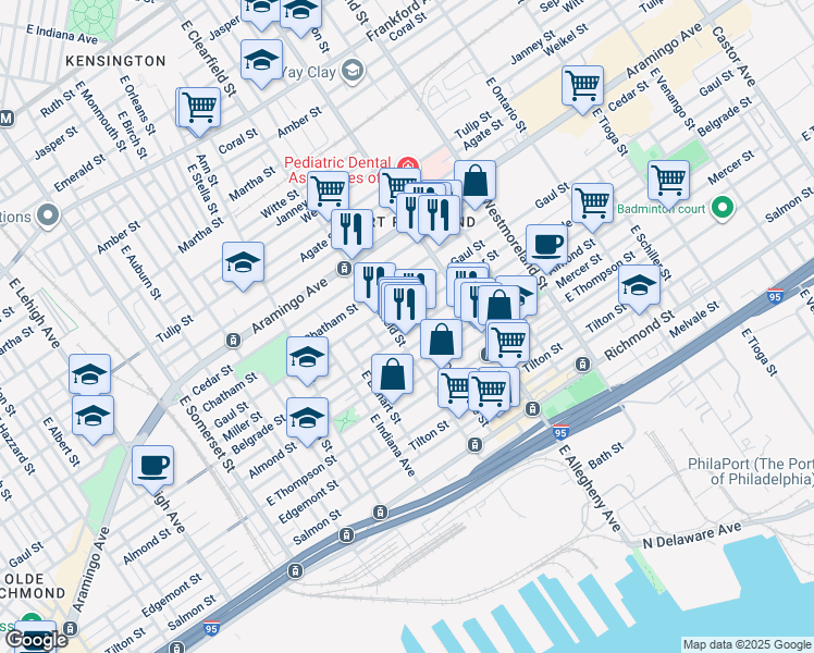 map of restaurants, bars, coffee shops, grocery stores, and more near 3114 Belgrade Street in Philadelphia