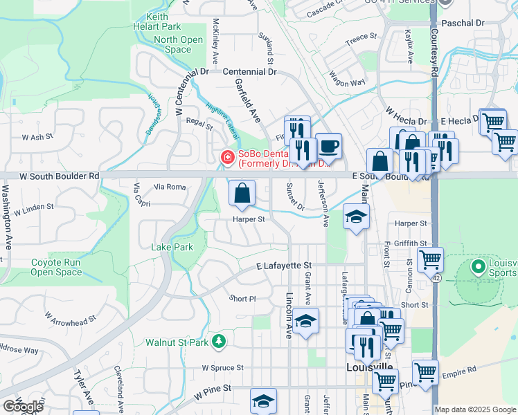 map of restaurants, bars, coffee shops, grocery stores, and more near 1607 Cottonwood Drive in Louisville