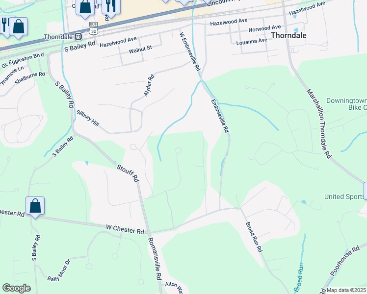 map of restaurants, bars, coffee shops, grocery stores, and more near 1535 Elk Run Road in Downingtown