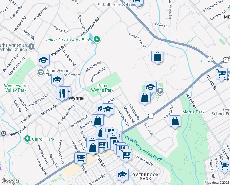 map of restaurants, bars, coffee shops, grocery stores, and more near 1204 Yarmouth Road in Penn Wynne