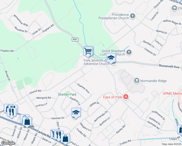 map of restaurants, bars, coffee shops, grocery stores, and more near 1550 Lilac Road in York