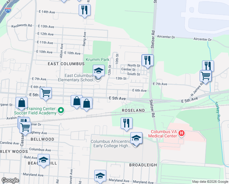 map of restaurants, bars, coffee shops, grocery stores, and more near 3193 East 6th Avenue in Columbus