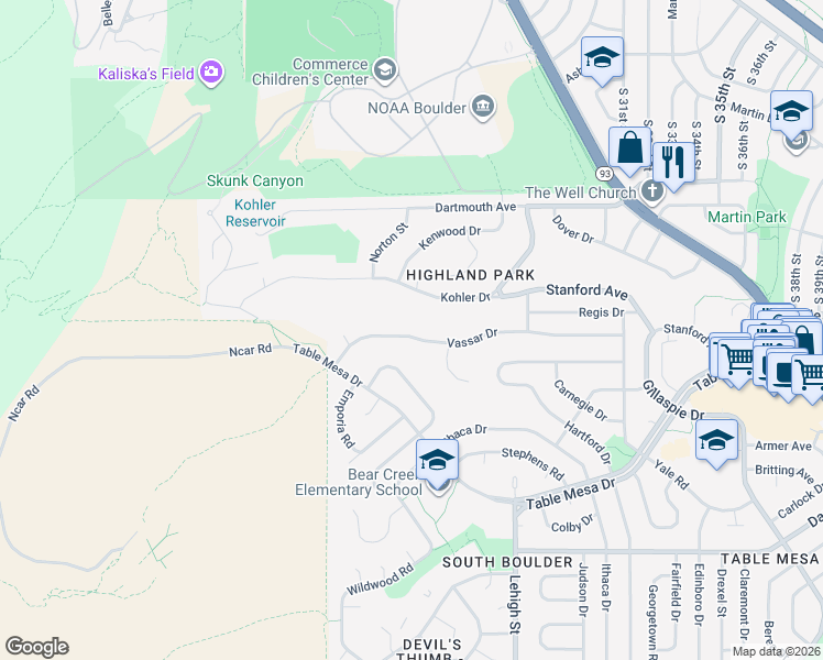 map of restaurants, bars, coffee shops, grocery stores, and more near 2195 Vassar Drive in Boulder