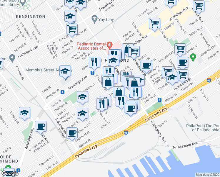 map of restaurants, bars, coffee shops, grocery stores, and more near 3118 Belgrade Street in Philadelphia