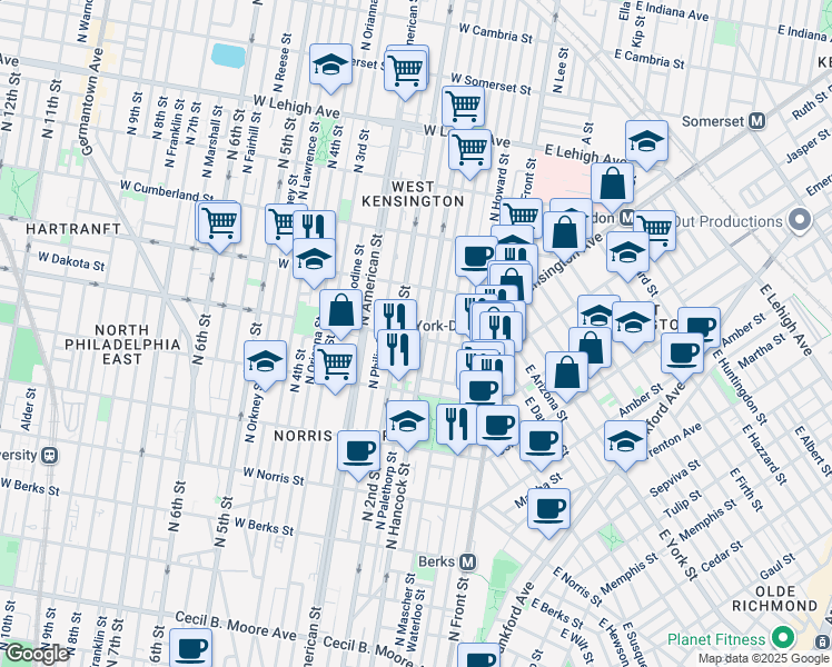 map of restaurants, bars, coffee shops, grocery stores, and more near 2311 North Palethorp Street in Philadelphia