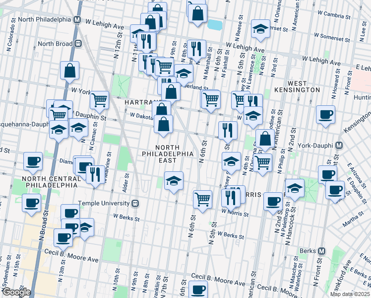 map of restaurants, bars, coffee shops, grocery stores, and more near 2233 North 7th Street in Philadelphia