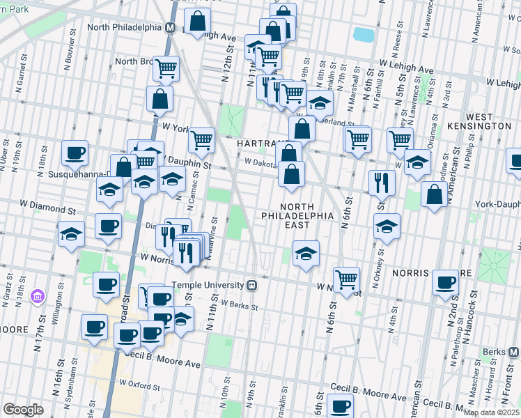 map of restaurants, bars, coffee shops, grocery stores, and more near 2209 North Delhi Street in Philadelphia