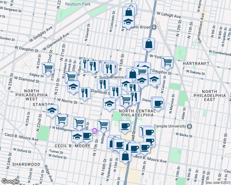map of restaurants, bars, coffee shops, grocery stores, and more near 1601 West Diamond street in Philadelphia