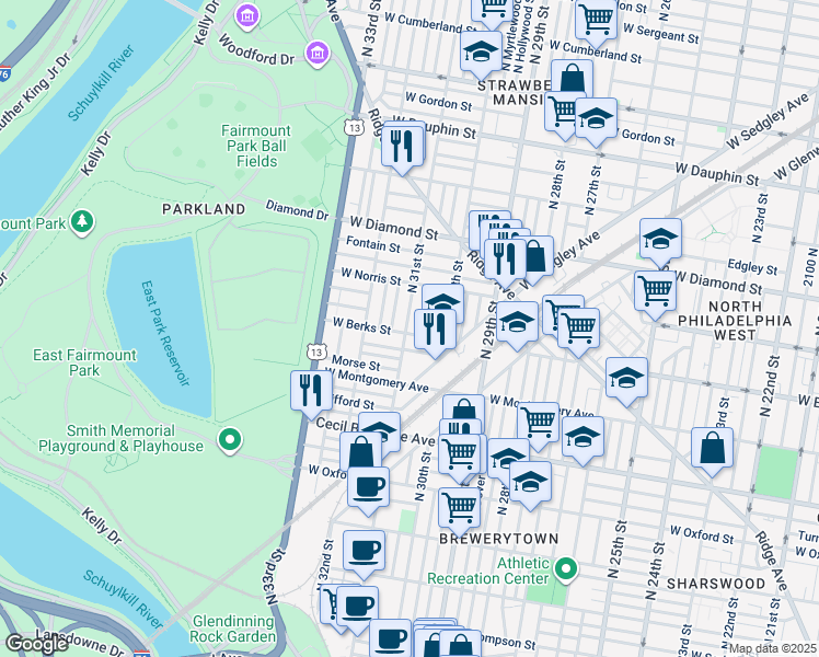 map of restaurants, bars, coffee shops, grocery stores, and more near 3045 West Berks Street in Philadelphia