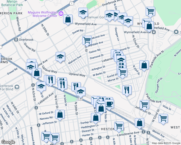 map of restaurants, bars, coffee shops, grocery stores, and more near 5666 Arlington Street in Philadelphia