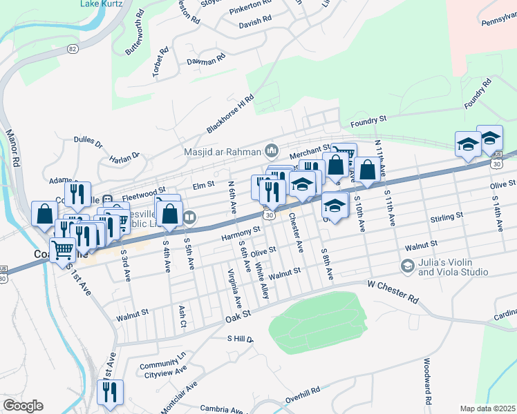 map of restaurants, bars, coffee shops, grocery stores, and more near 643 Lincoln Highway East in Coatesville